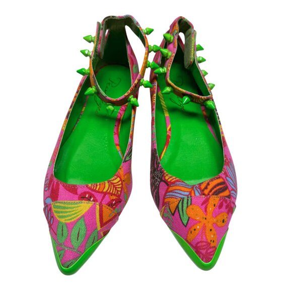 Pointed Toe Floral Flats w/ Green Studded Ankle Straps Women’s 9 New - Picture 6 of 11